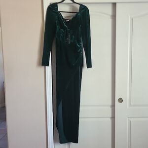 Fashion Nova Emerald Green Velvet Maxi Dress with Front Slit